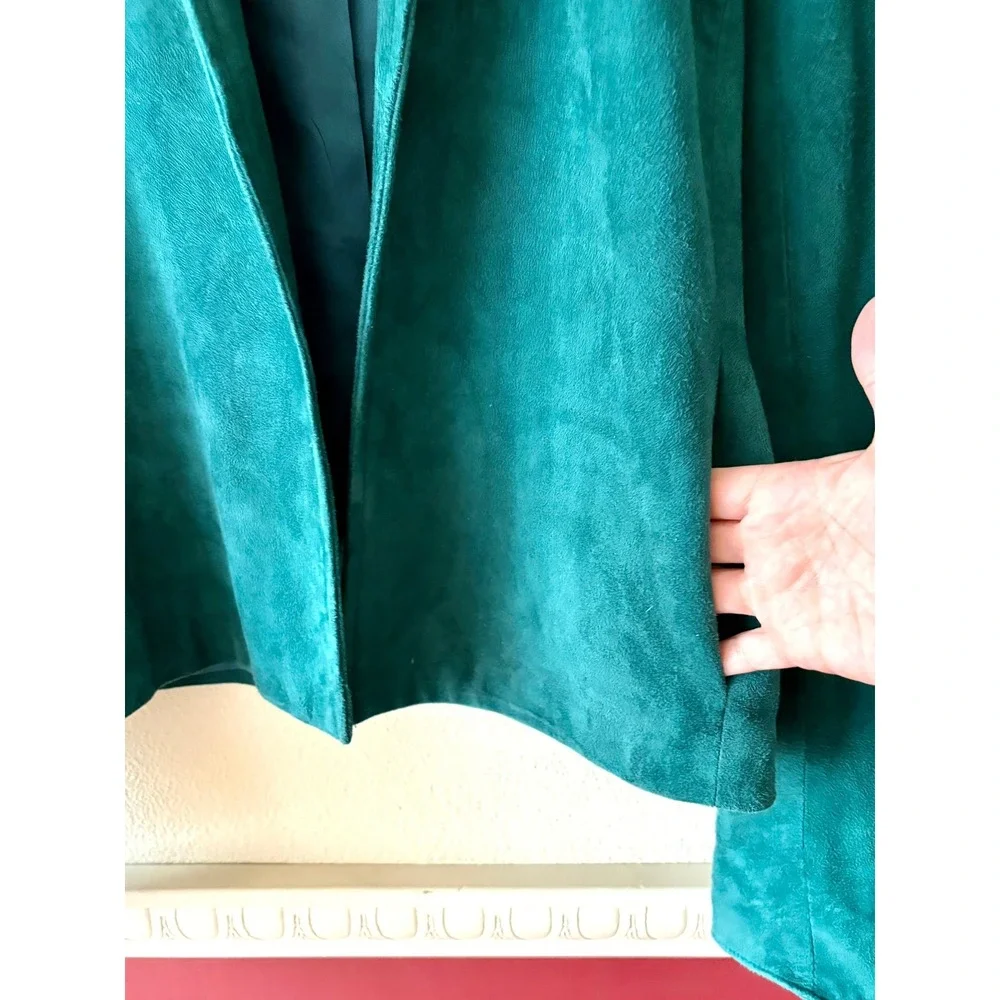 Vintage Talbots Teal Green Lamb Suede Leather Open Front Blazer Jacket 10 Pocket